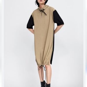Zara Basic Cowl Neck Drawstring Tan and Black Color Block Midi Dress Size Medium